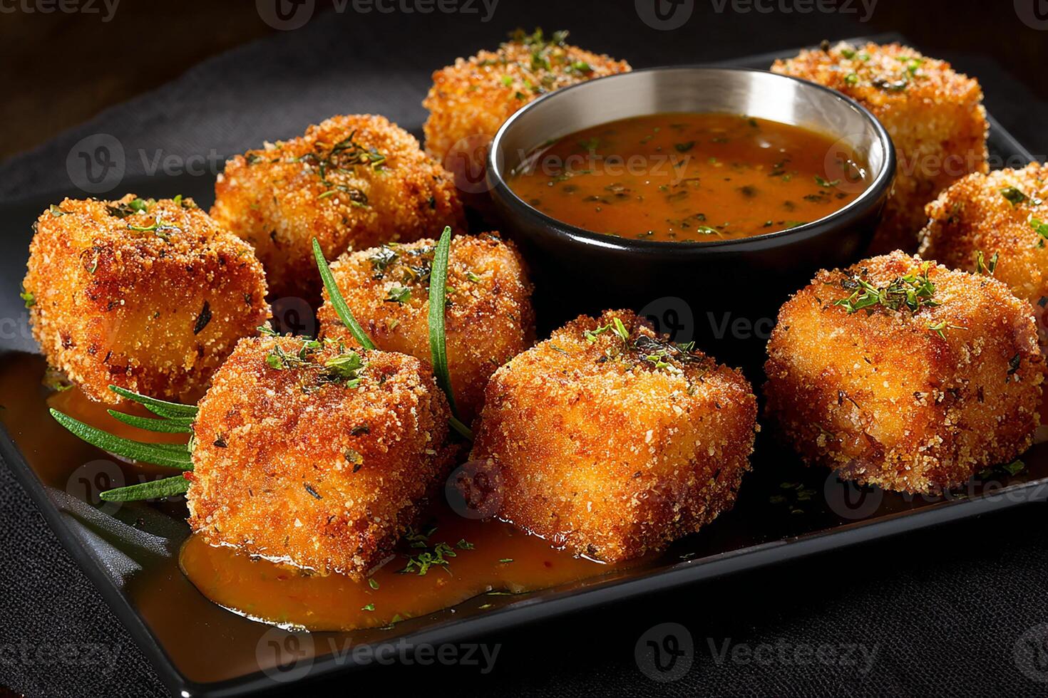 Delicious deep fried lasagna bites isolated with creamy dipping sauce on white photo