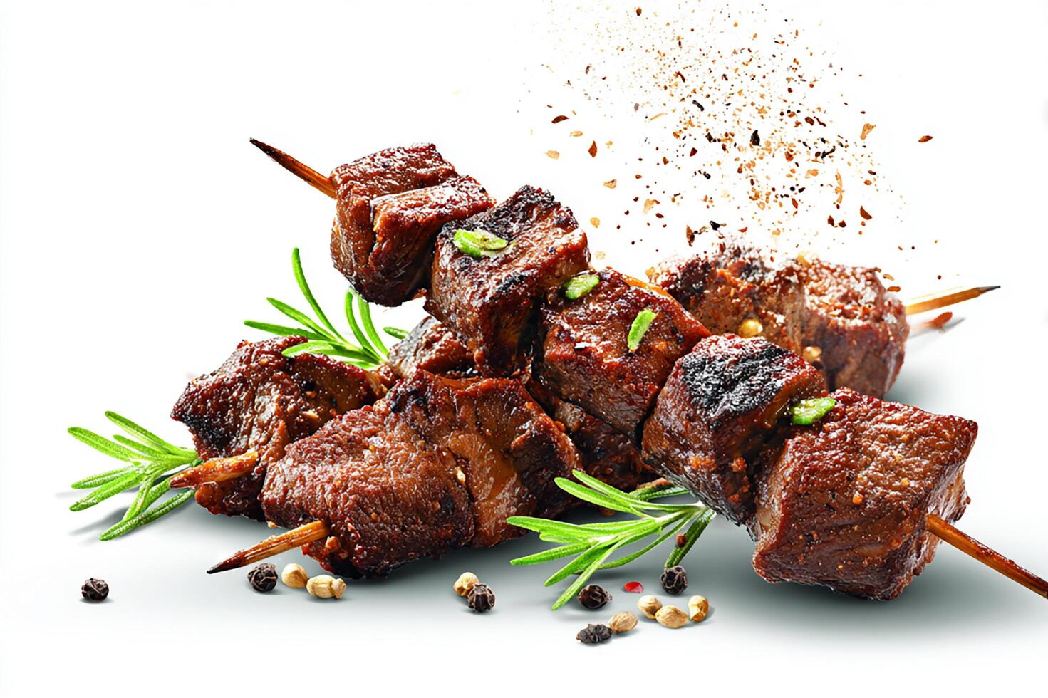 Grilled beef kababs seasoned with cumin seeds on white surface photo