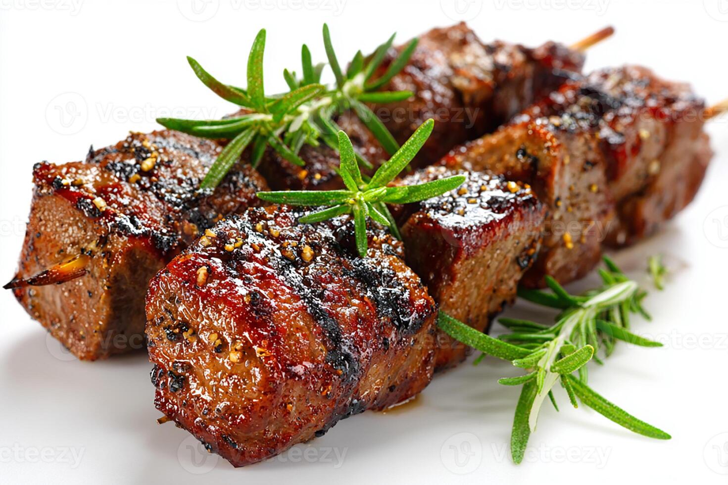 beef kebabs with fresh rosemary on clean white surface photo