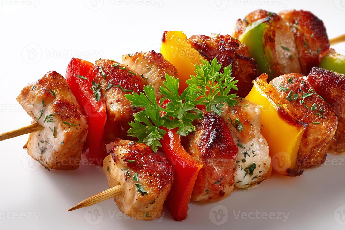 Delicious grilled chicken skewers and vibrant bell peppers arranged on white plate photo