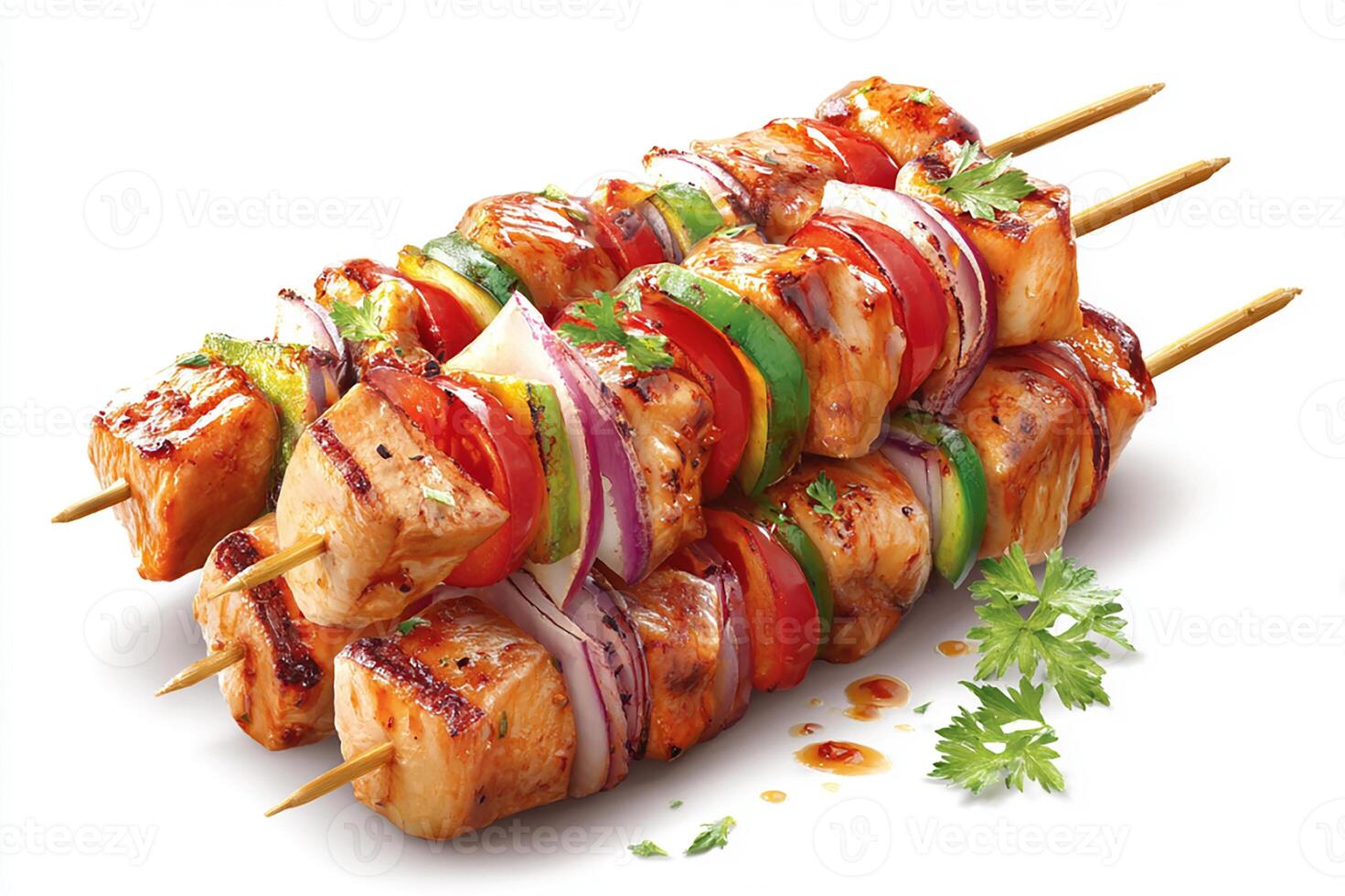 Tender grilled chicken shashlik with bell peppers served on white surface photo