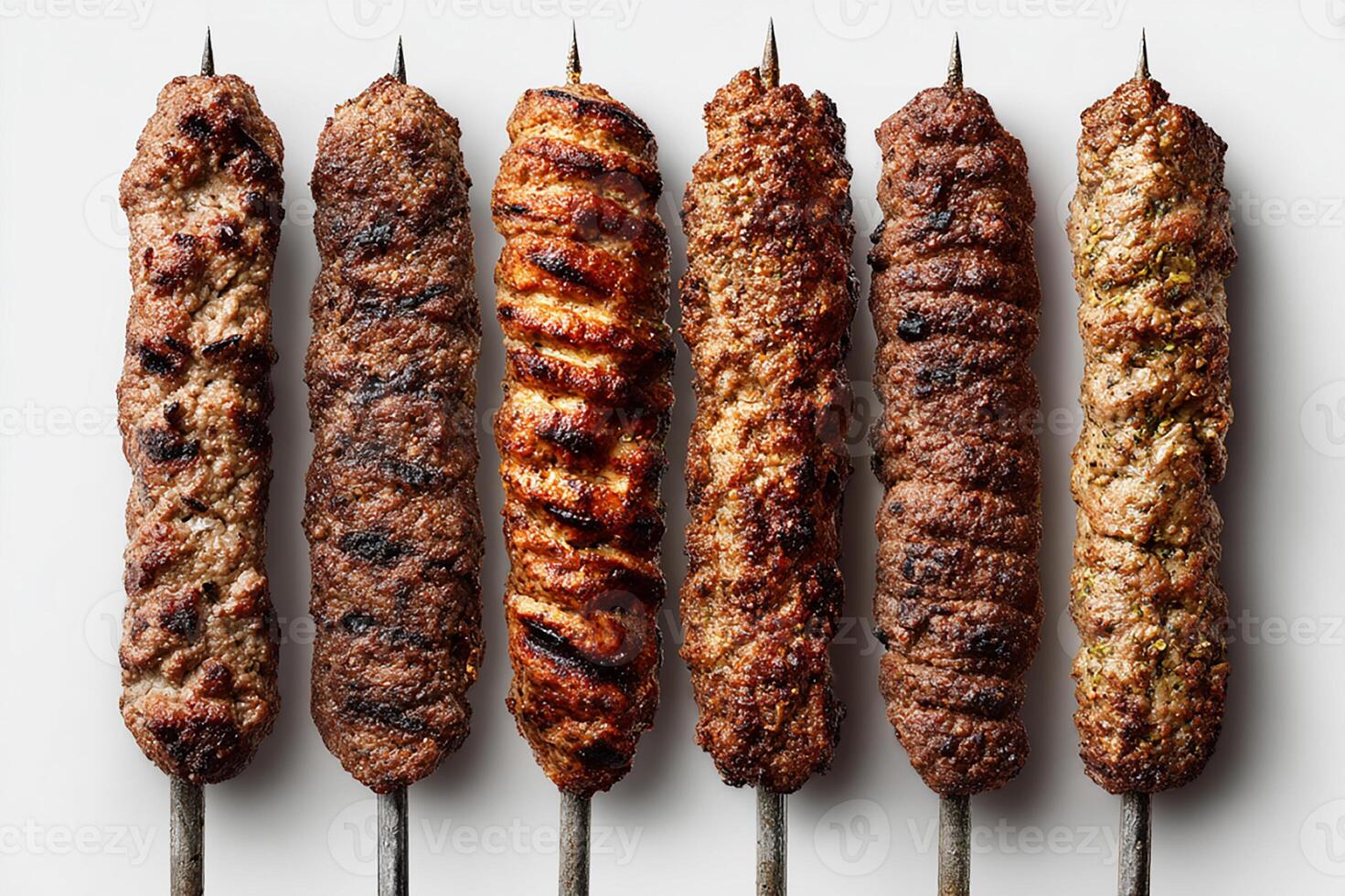 Realistic grilled kababs in traditional style served on clean white background photo