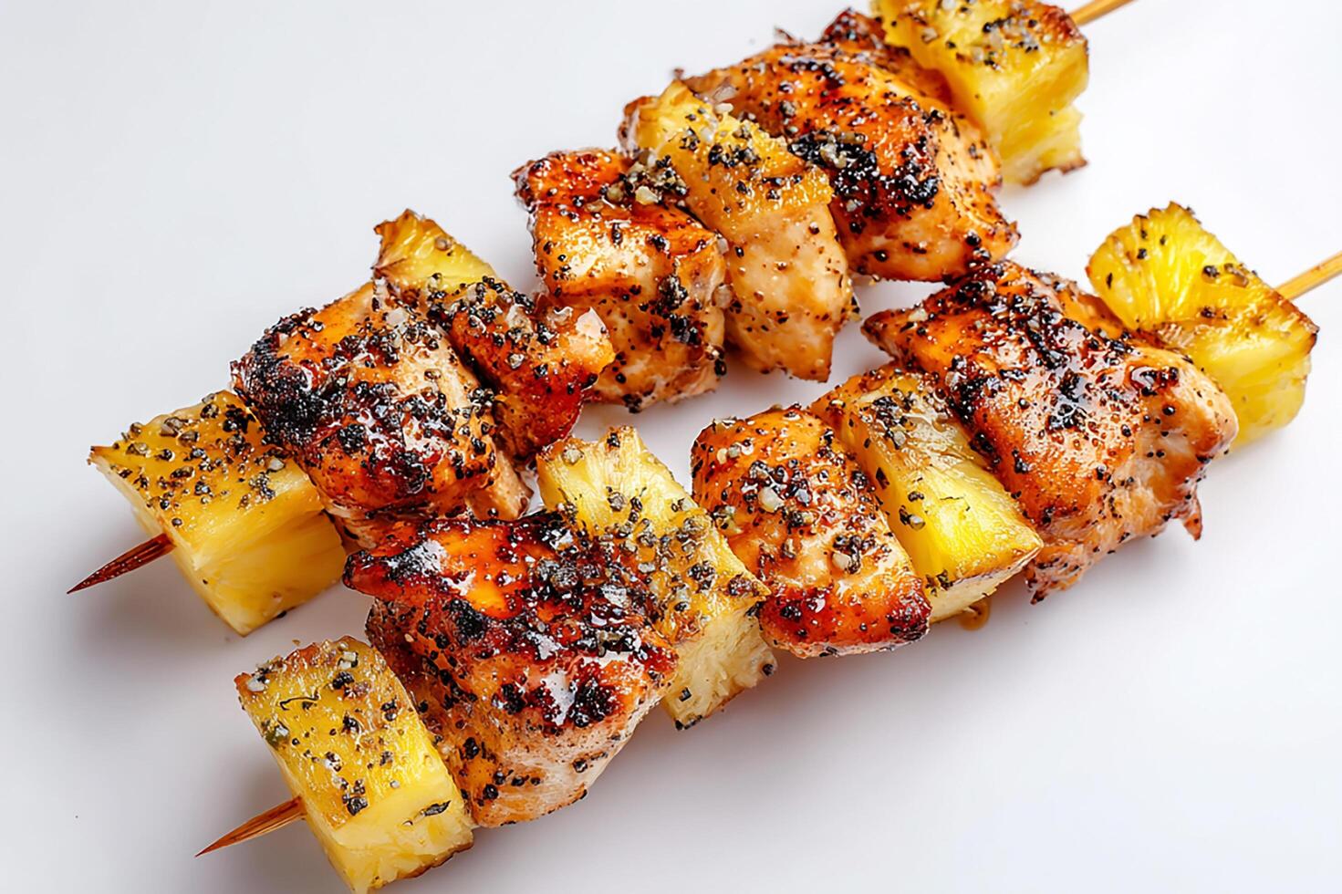 Realistic grilled chicken and pineapple skewers on white background close up photo