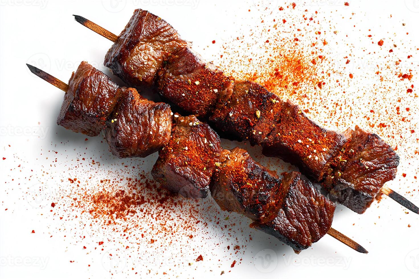 Realistic grilled beef skewers with paprika dust on white background photo