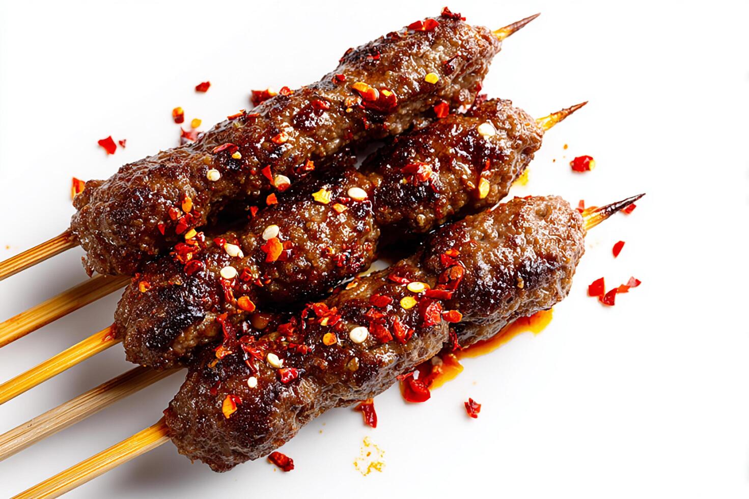 Close up of grilled kofta beef skewers topped with flavorful chili oil and seasoning photo