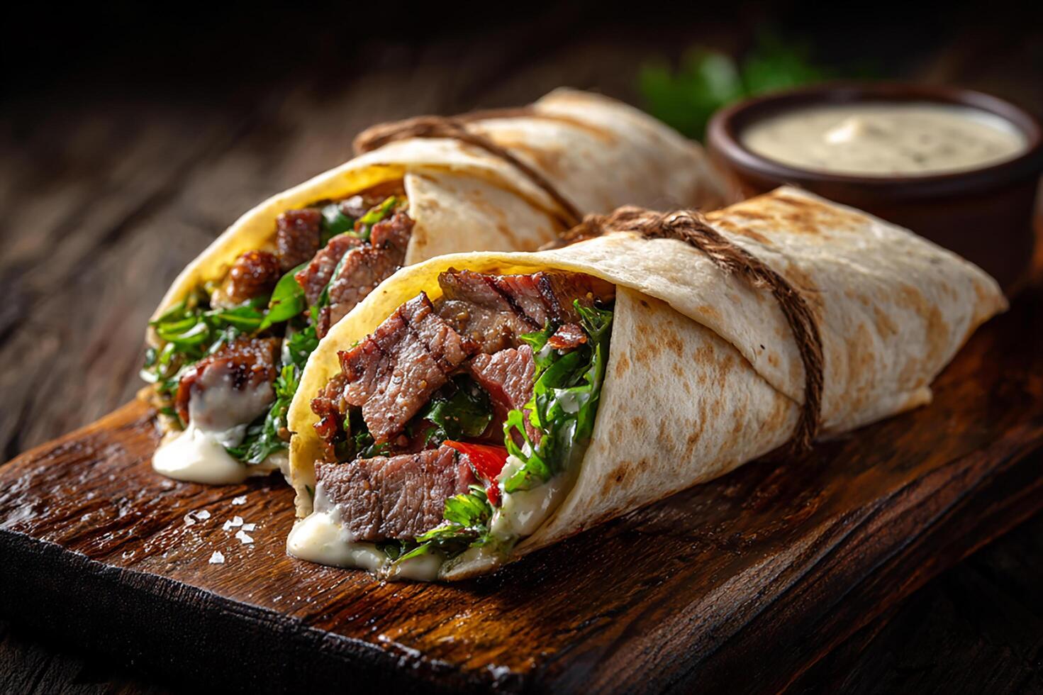Delicious grilled lamb wrap topped with tahini sauce placed on wooden background photo