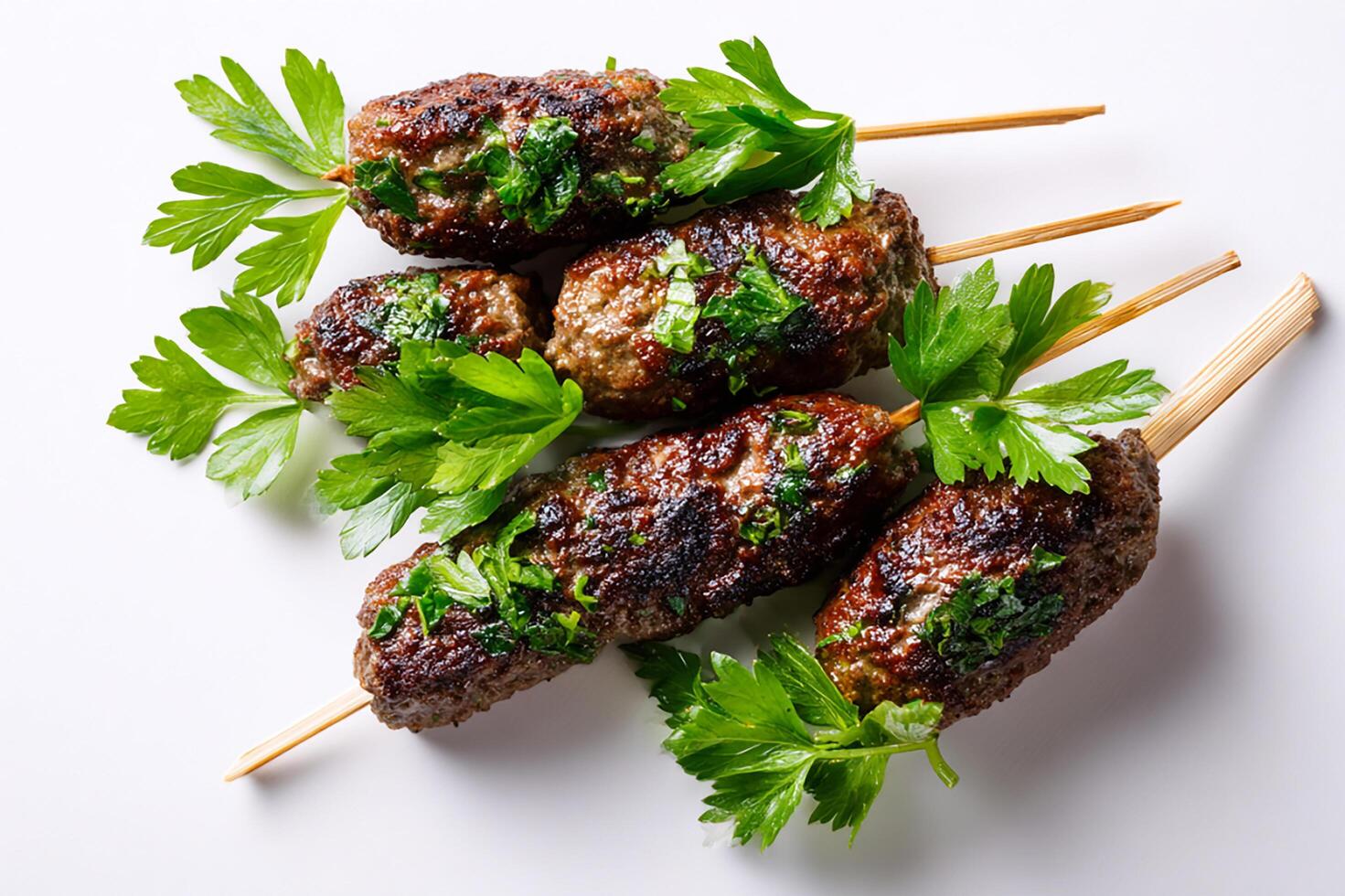 Delicious grilled kofta skewers topped with parsley served on clean white surface photo