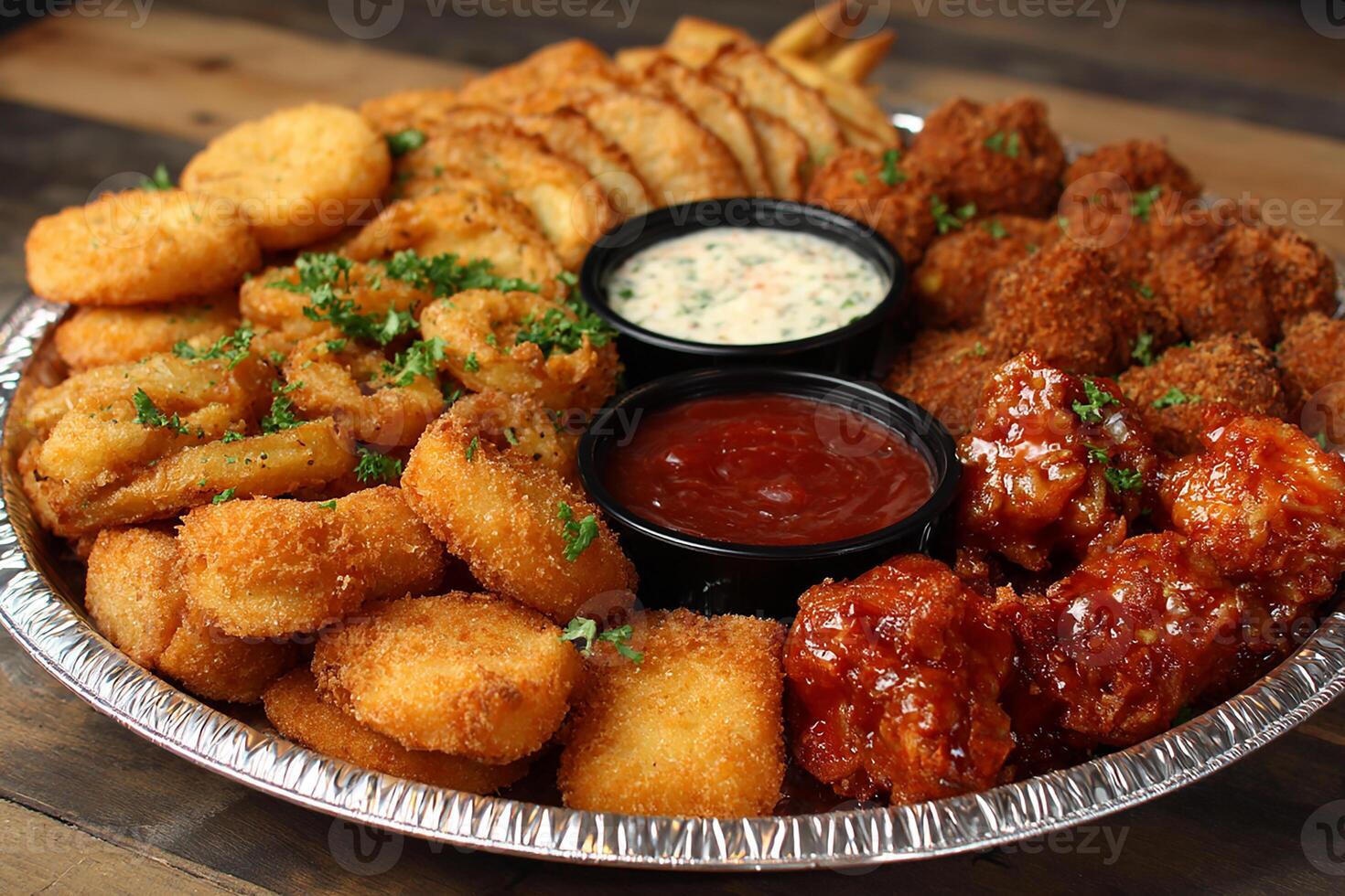 Delicious Mixed Fried Starters Arranged on Party Platter for Guests photo
