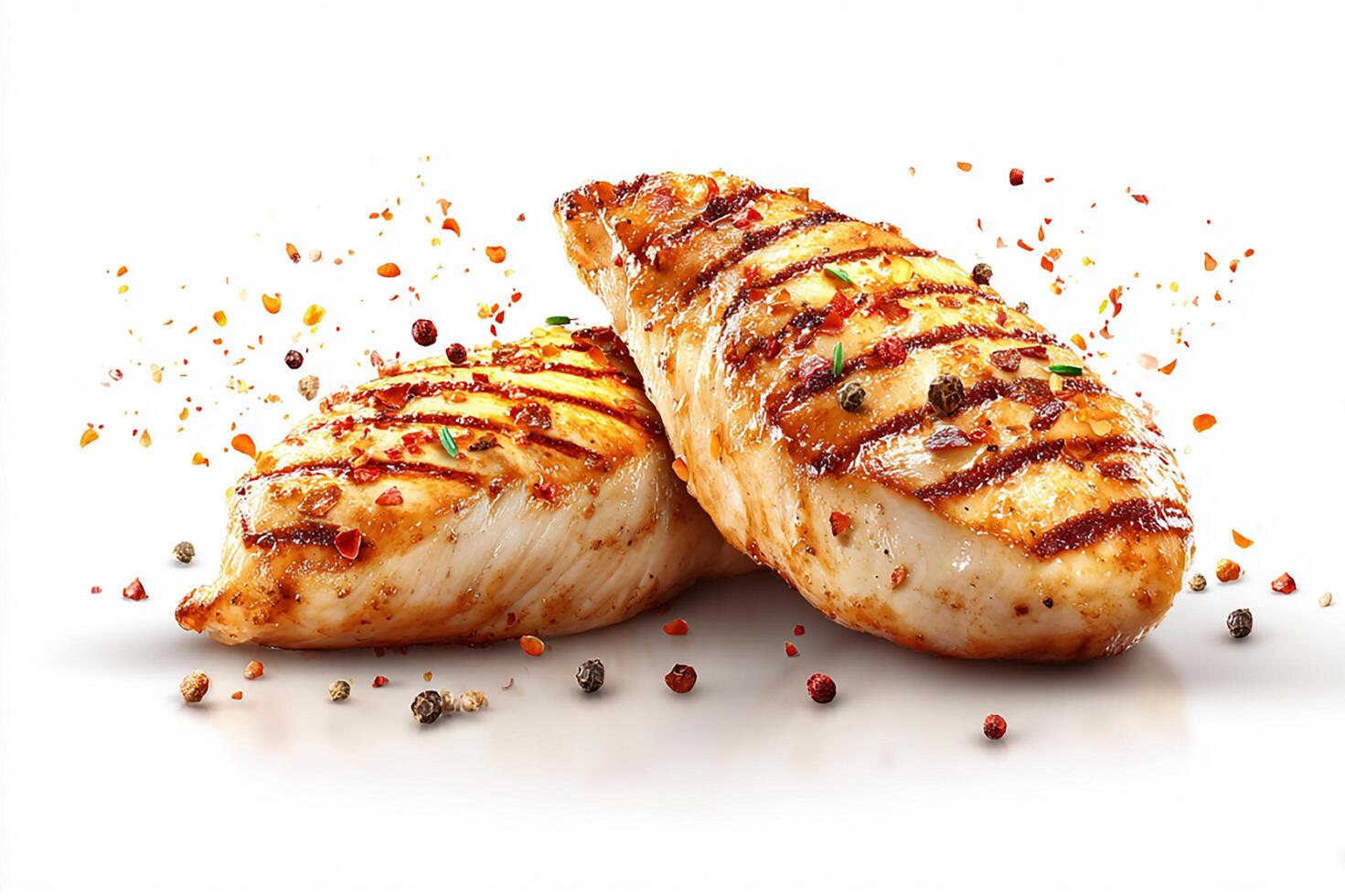 Delicious grilled chicken fillet seasoned with pepper on clean white surface photo