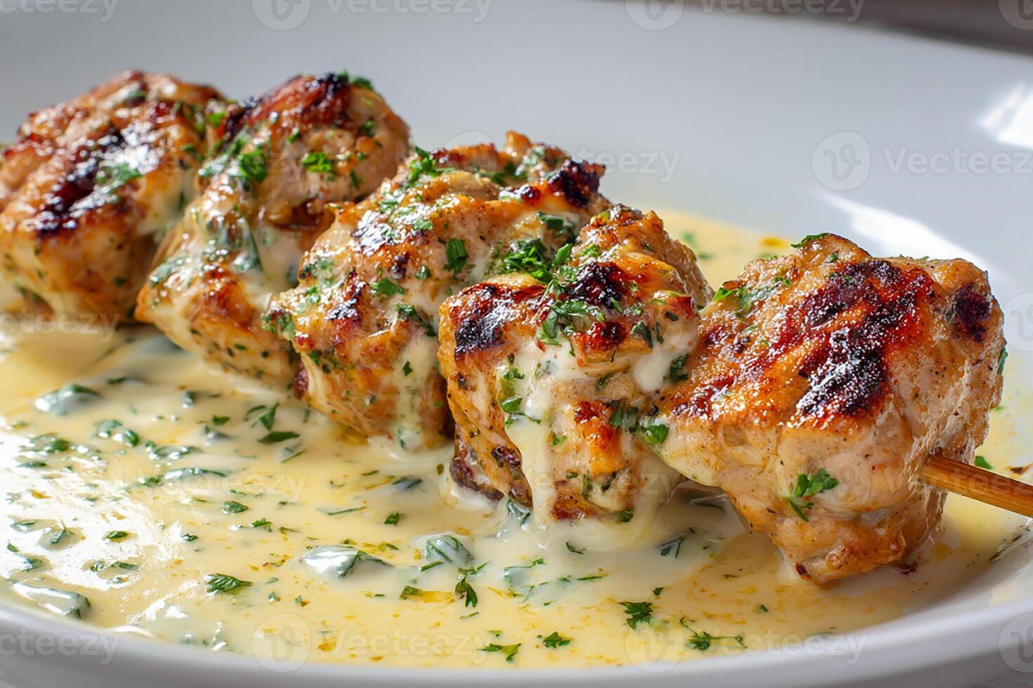 Delicious grilled chicken kababs covered with smooth creamy sauce on plate photo
