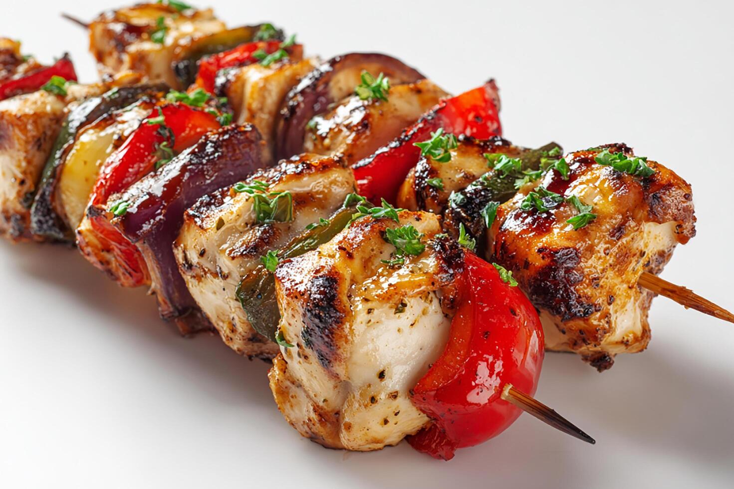High quality photo of grilled Mediterranean chicken skewers isolated on white background