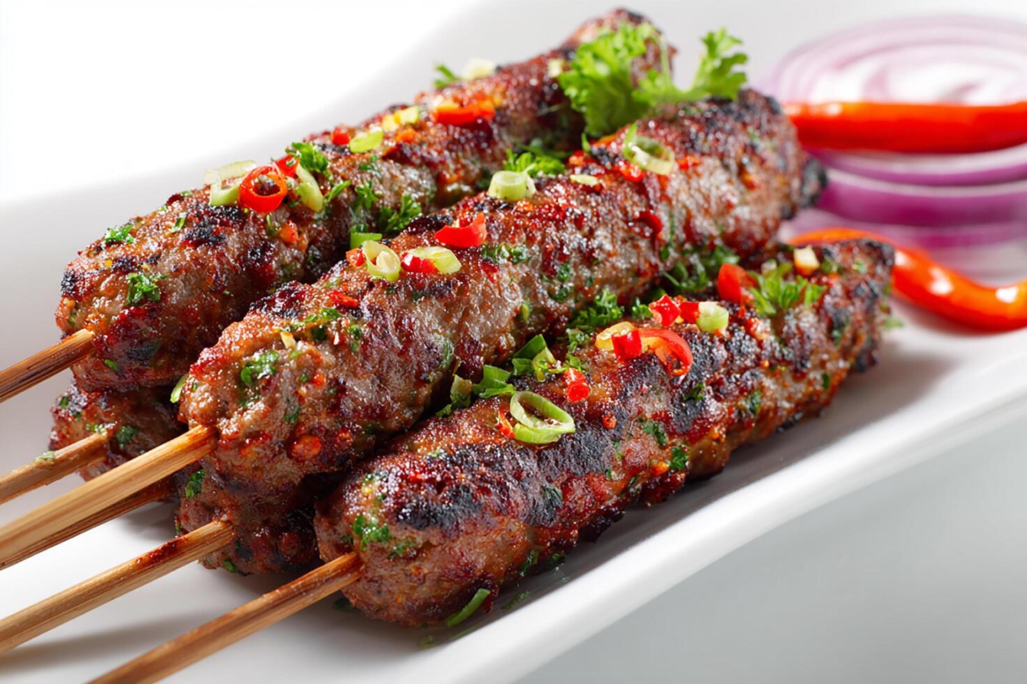realistic grilled lamb kofta skewers served hot on clean white background close up photo