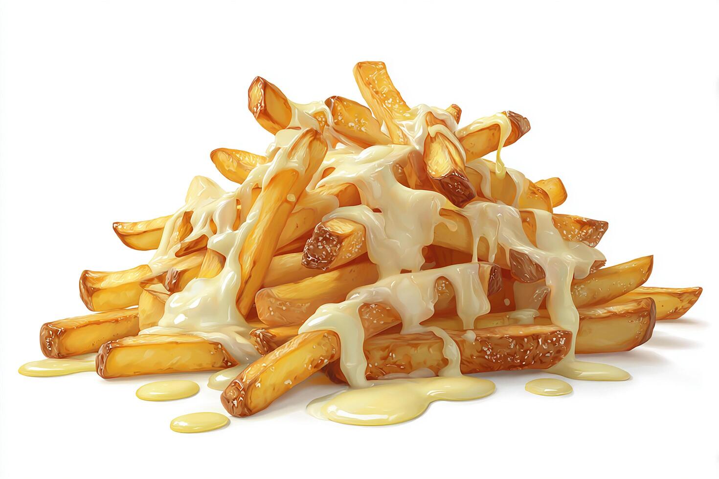Realistic French fries topped with melted cheese served hot on clean white background photo