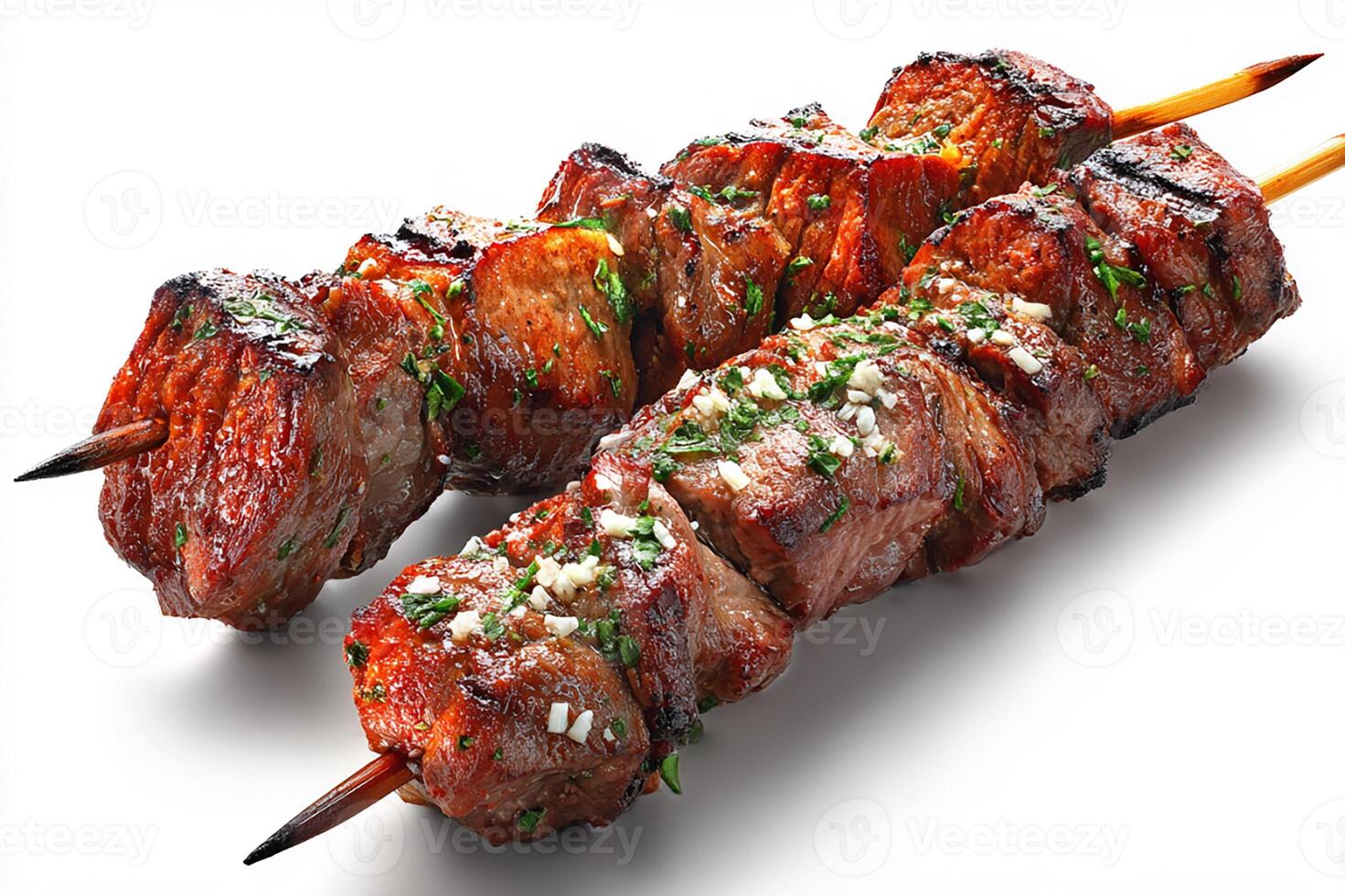 Juicy Grilled Beef Skewers with BBQ Glaze on White Background photo