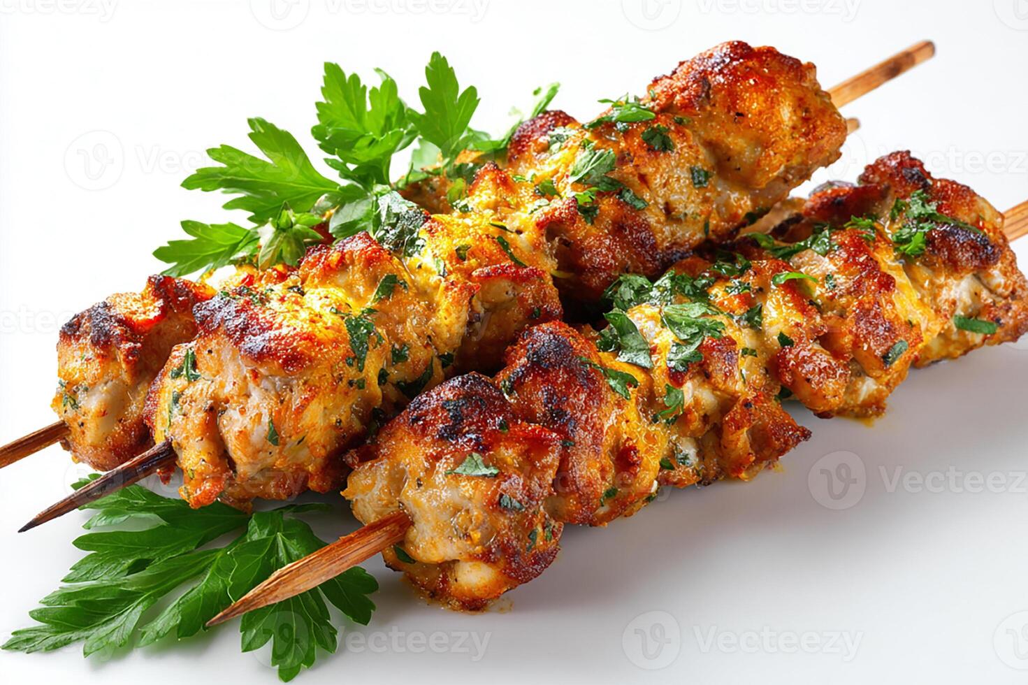 Realistic grilled chicken kababs with flat parsley on white background photo