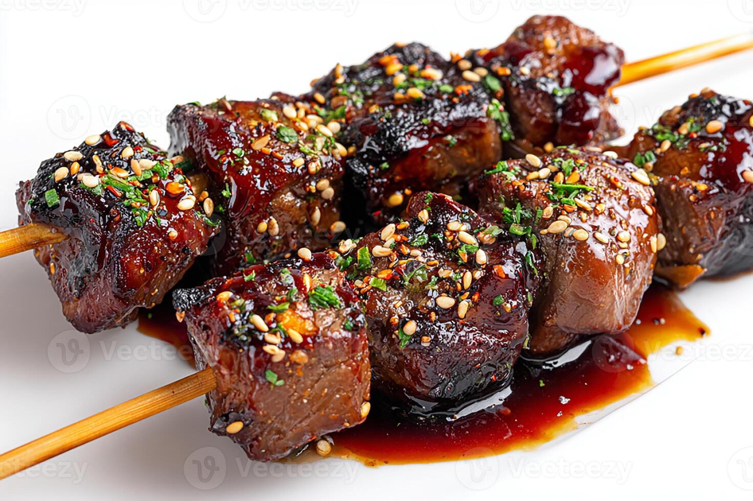 Authentic Moroccan grilled beef skewers with charred edges served on white surface photo