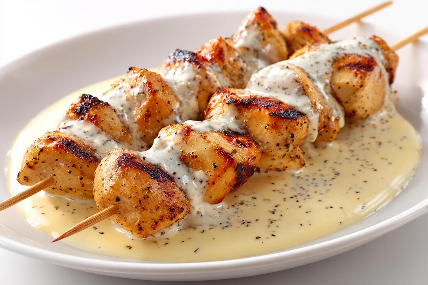 Tender chicken kababs grilled and served with rich creamy sauce and spices photo