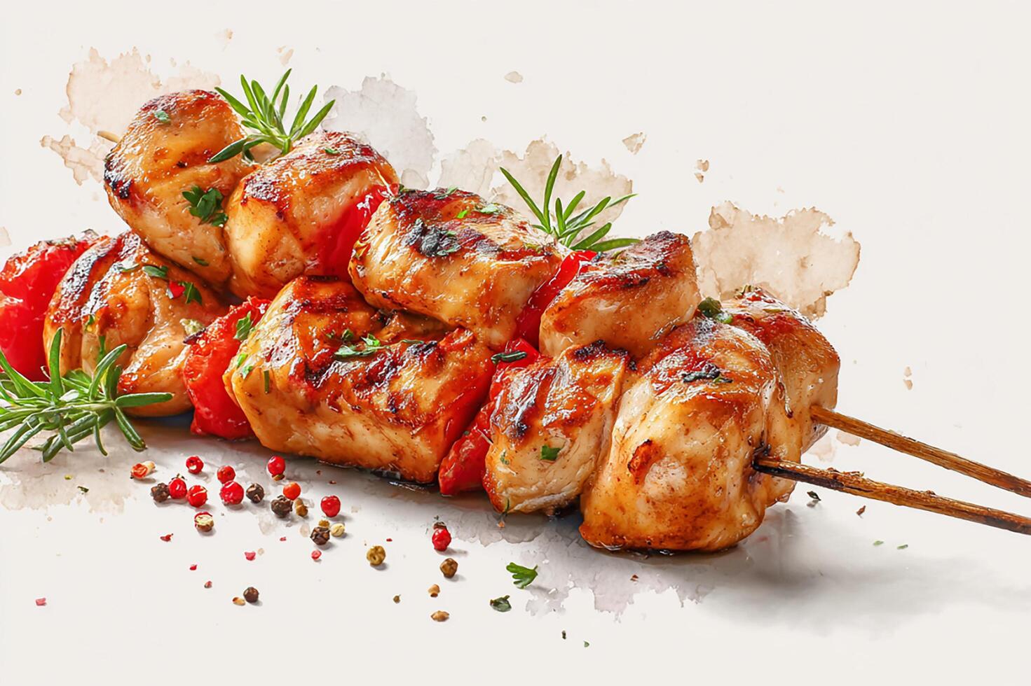 Delicious chicken skewers with paprika grilled to perfection on white base photo