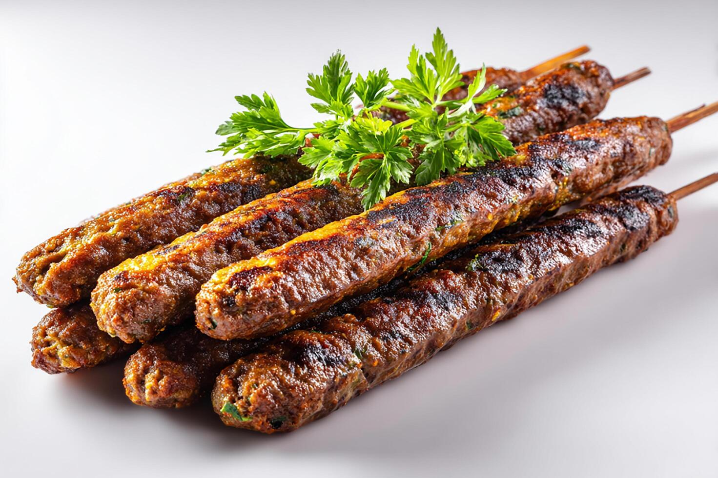 High quality photo of grilled Indian seekh kababs isolated on clean white background
