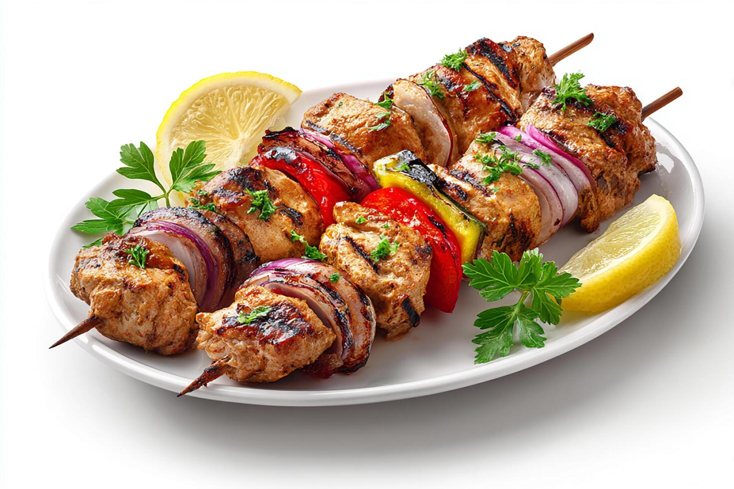 Realistic grilled Lebanese chicken shish tawook served with herbs on white plate photo