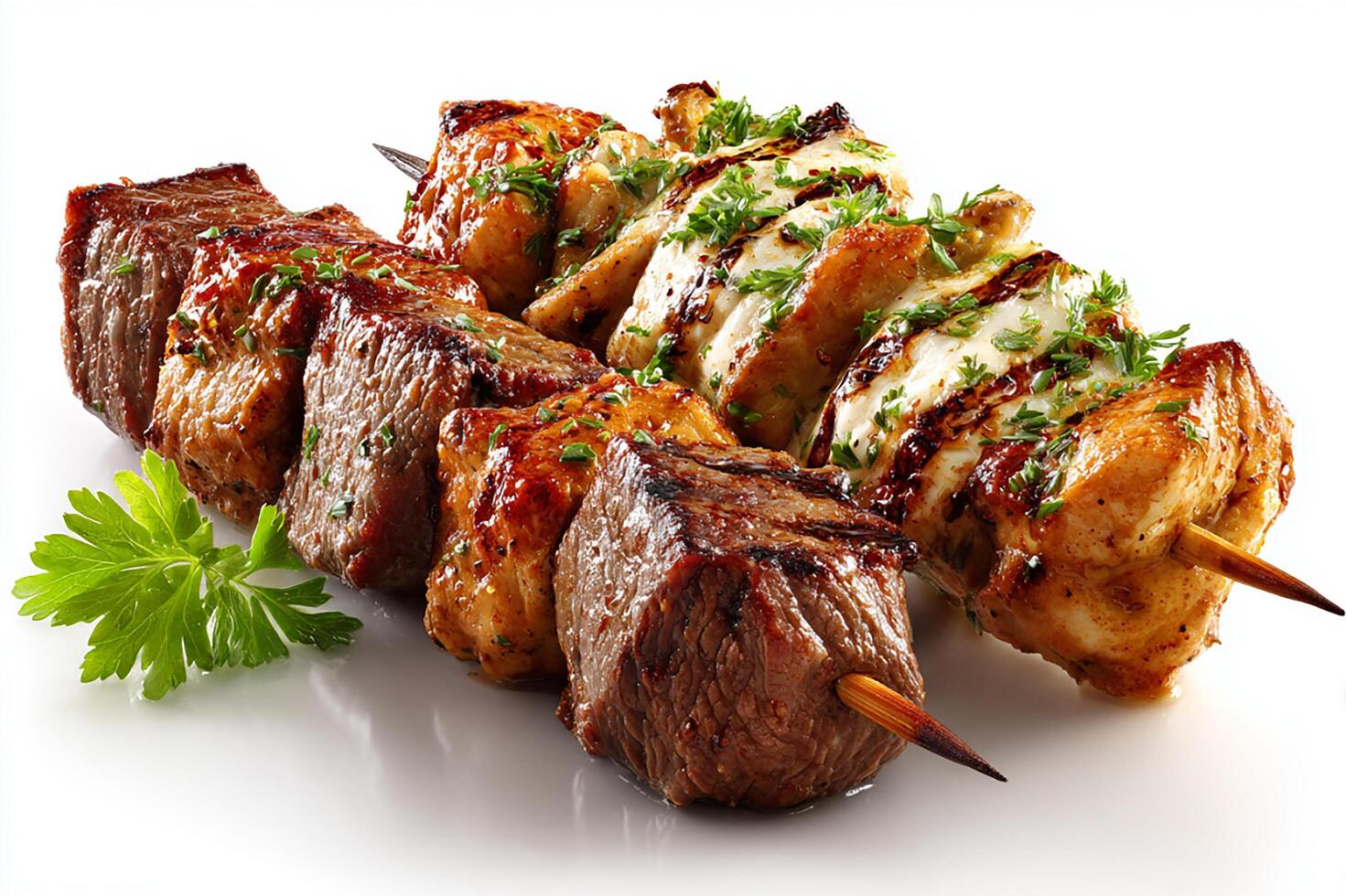 Delicious mixed chicken and beef grilled skewers with smoky char marks on white surface photo
