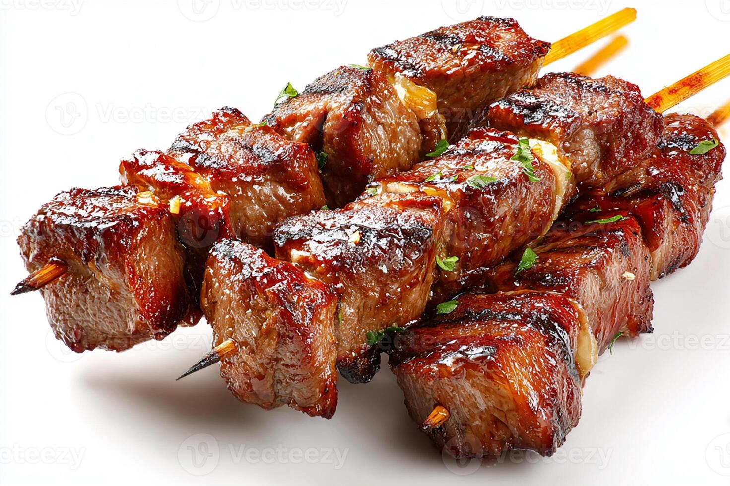 Realistic Grilled BBQ Beef Skewers on Clean White Background photo