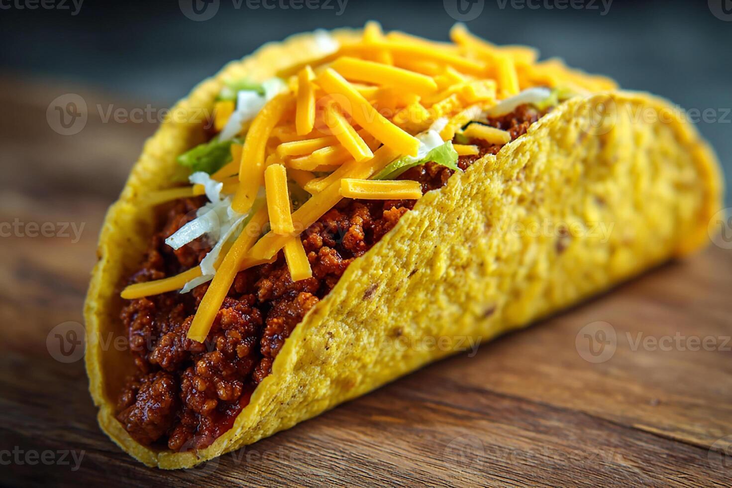 Realistic Beef Taco with Corn Tortilla and Cheddar Cheese Close Up photo