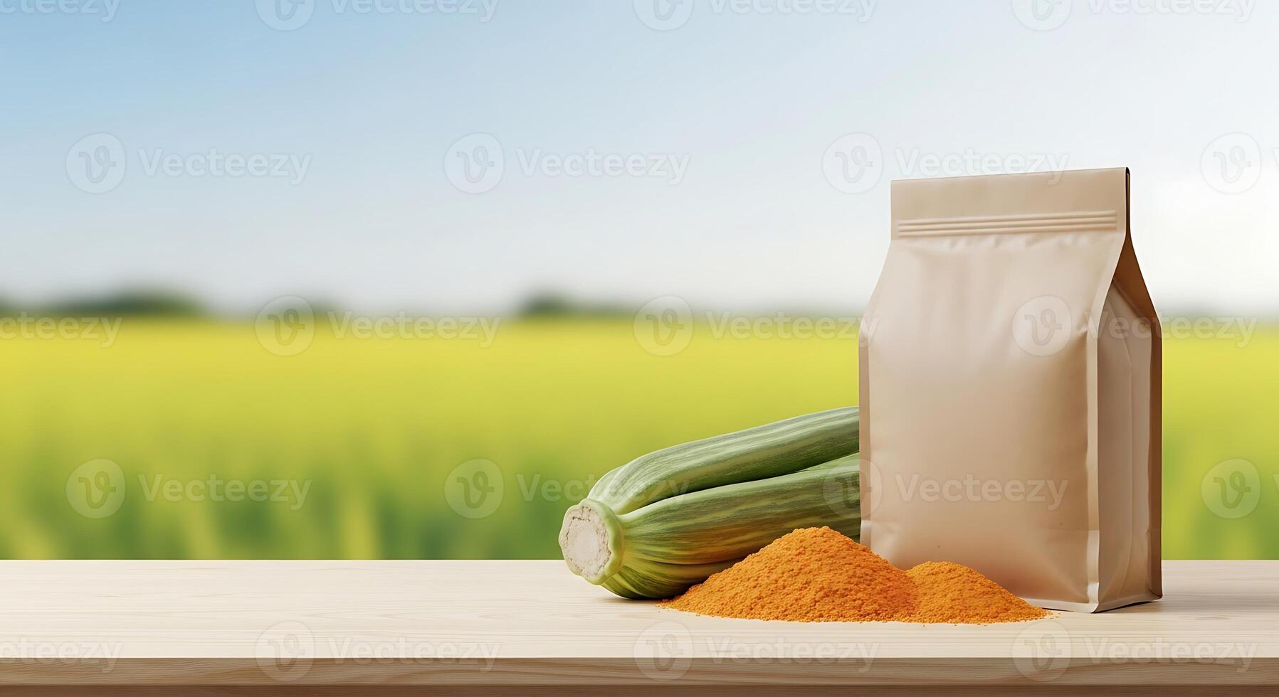 Corn and spices on wooden table with blurred background photo