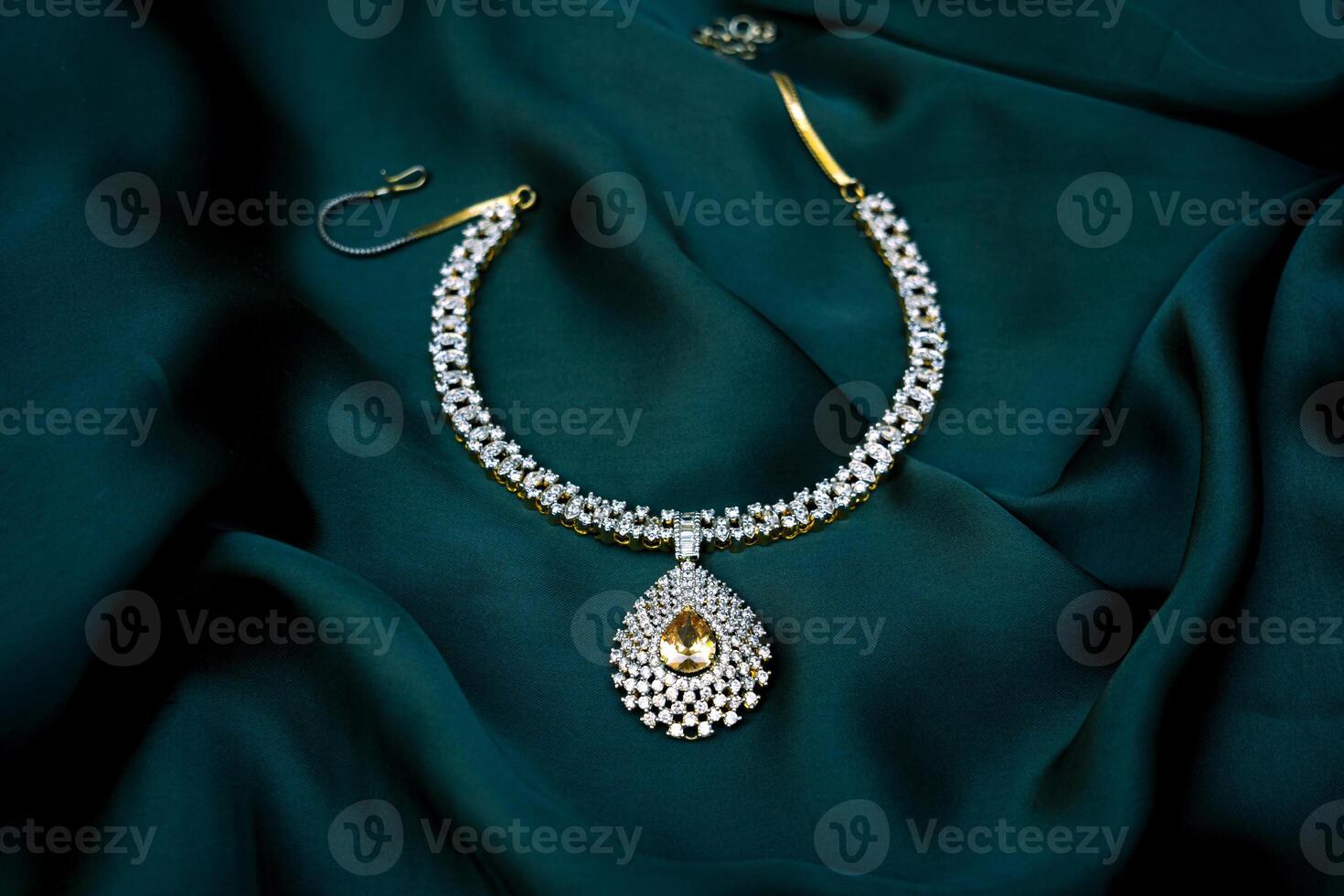 Premium Gemstone Necklace Styled on luxurious Green Cloth Background photo