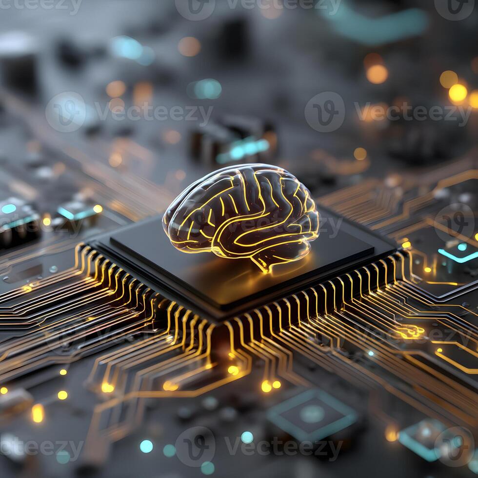 Futuristic Artificial Brain on Microchip with Circuitry in Dark Tech Environment photo