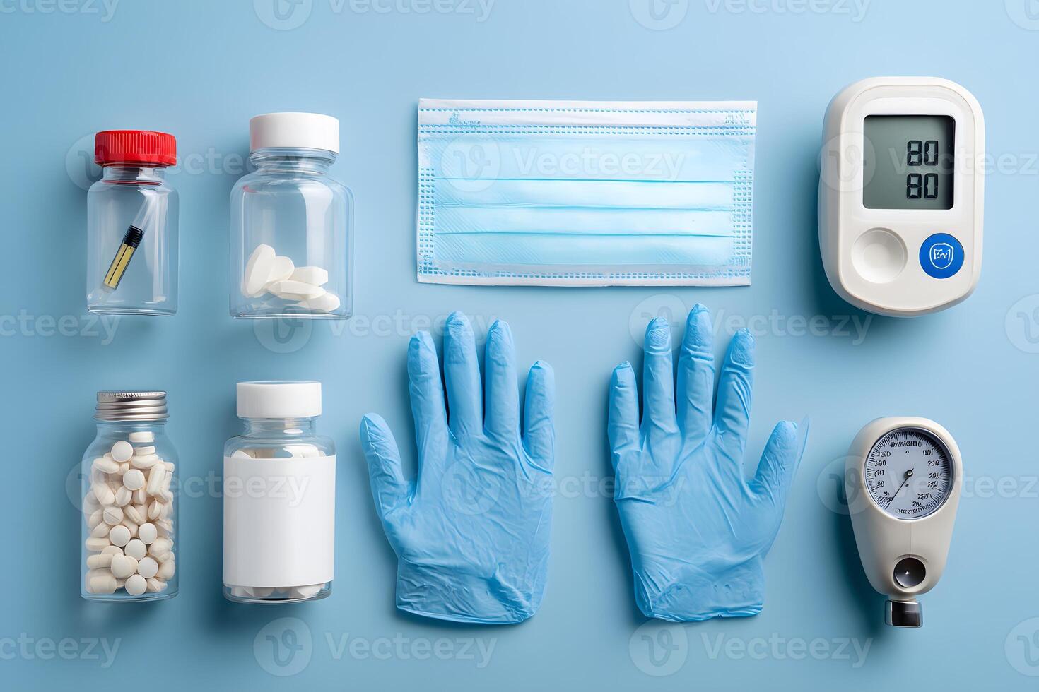 Medical Supplies Including Gloves Pills Thermometer and Face Mask on Light Blue Background photo