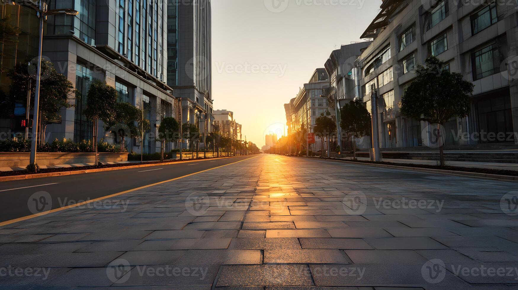 Empty Urban Street at Sunset with Modern Buildings and Tree-lined Sidewalks photo