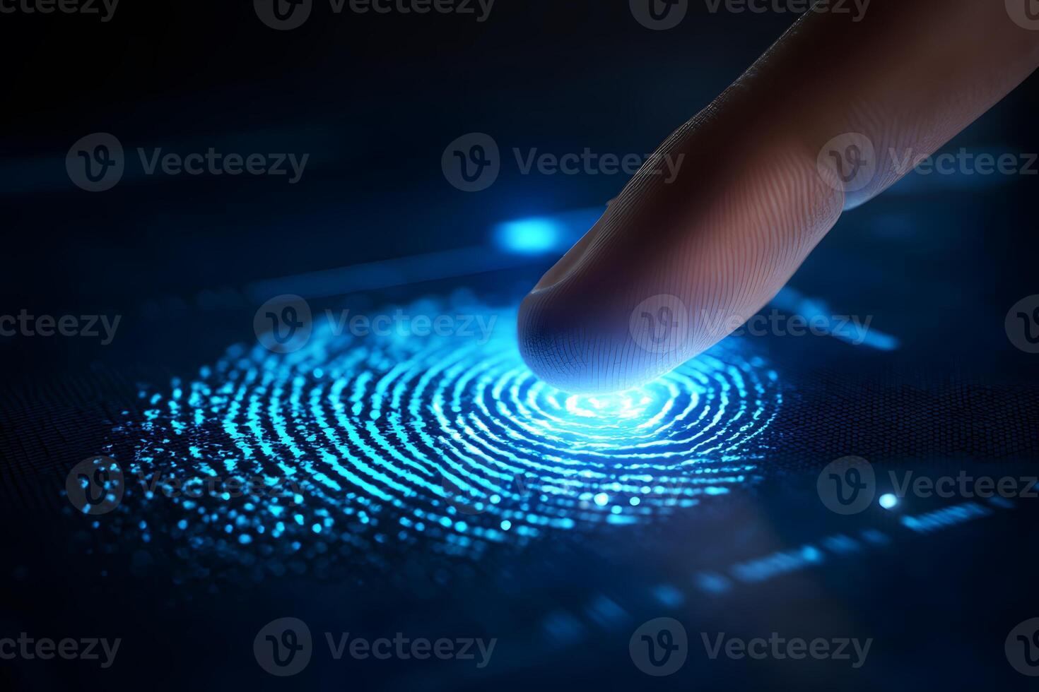 Human Finger Touching Digital Fingerprint on High Tech Screen in Dark Environment photo