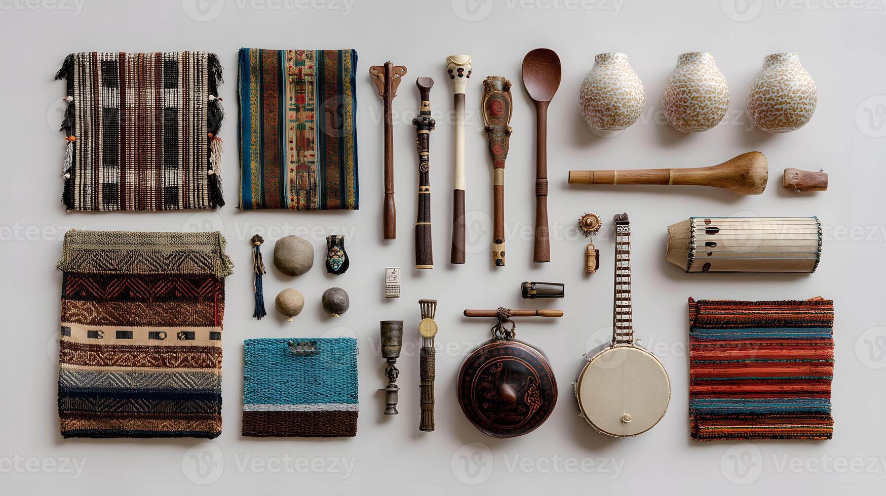 Collection of Traditional Handmade Textiles and Cultural Artifacts Displayed on White Background photo