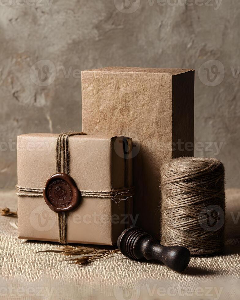Elegant Brown Gift Box Wrapped with Twine and Wax Seal with Natural Craft Supplies on Rustic Background photo