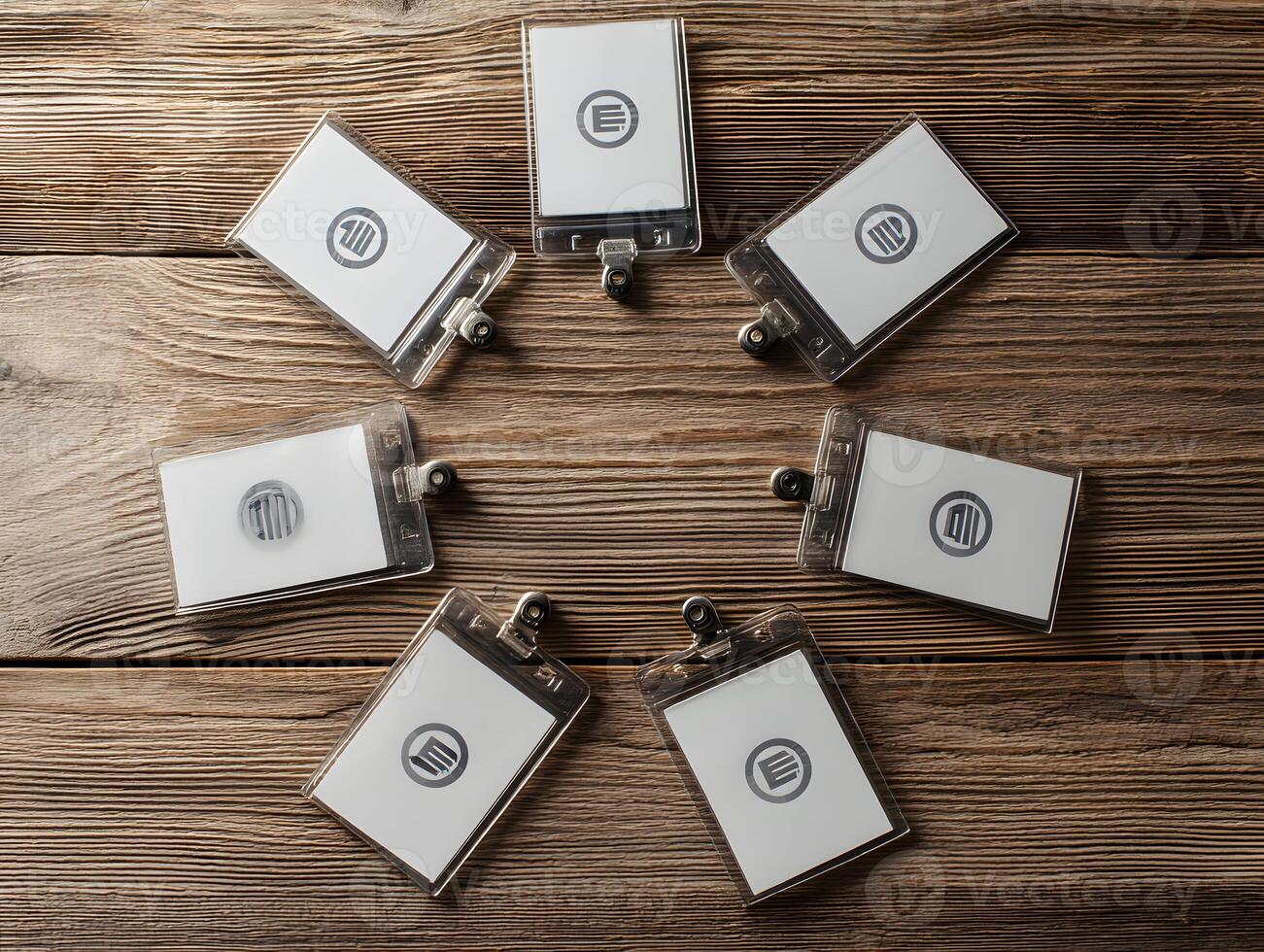 Multiple Credit Card Payment Terminals on Wooden Surface in Circular Arrangement photo
