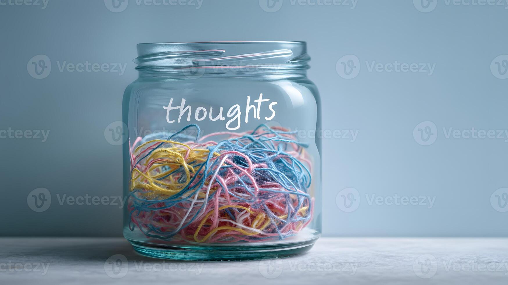 Clear Glass Jar Filled with Colorful Yarn and the Word Thoughts Written on Front photo