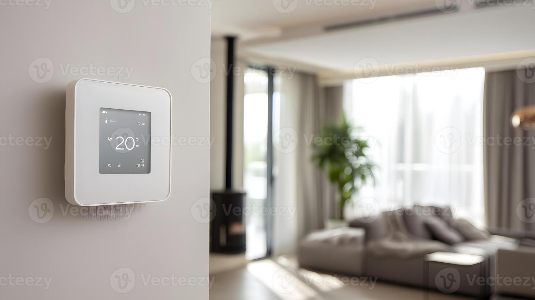 Modern Smart Thermostat Mounted on White Wall in Bright Living Room with Large Windows and Comfortable Sofa photo