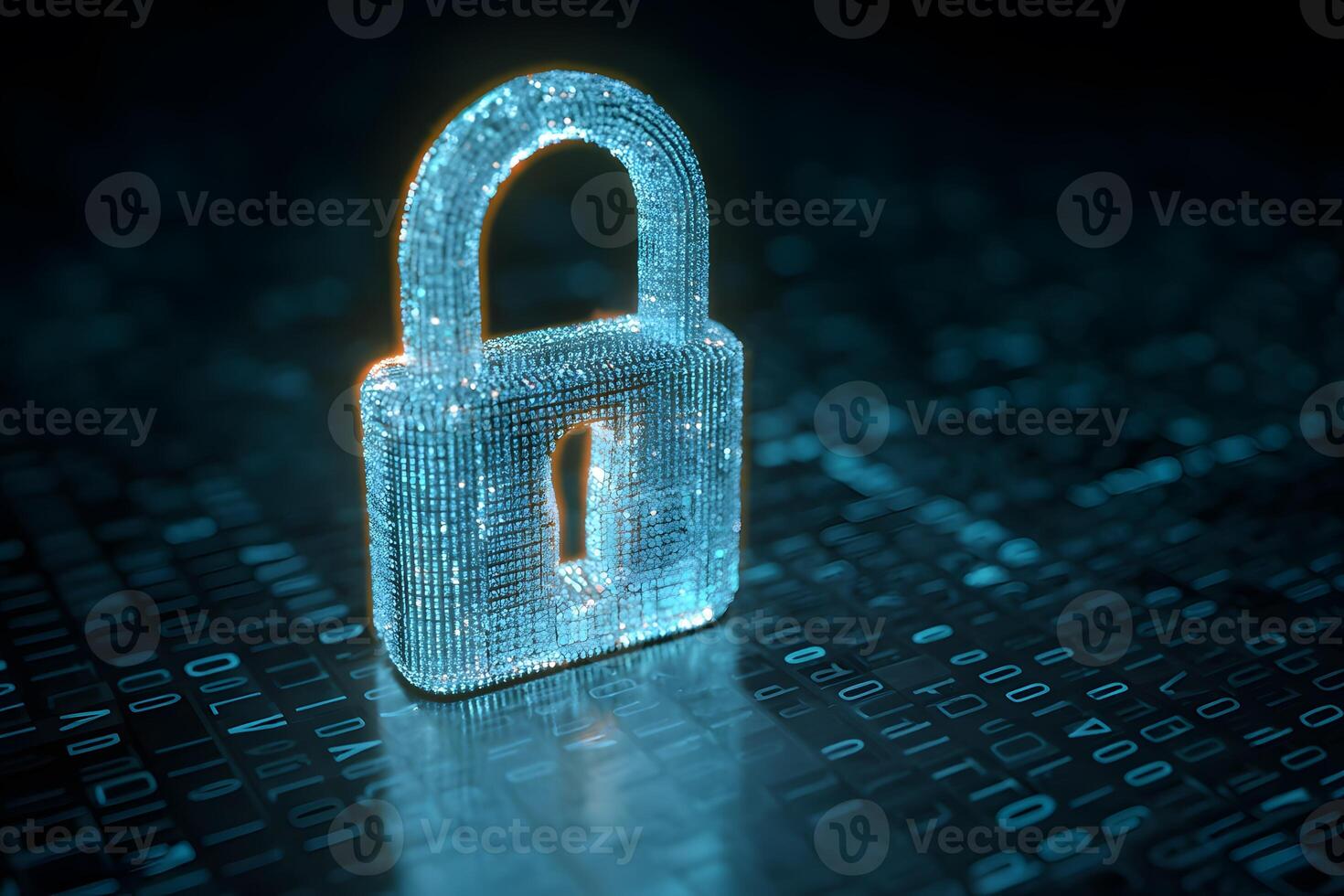 Digital Security Lock Icon in Blue Glowing Style on Binary Data Background photo