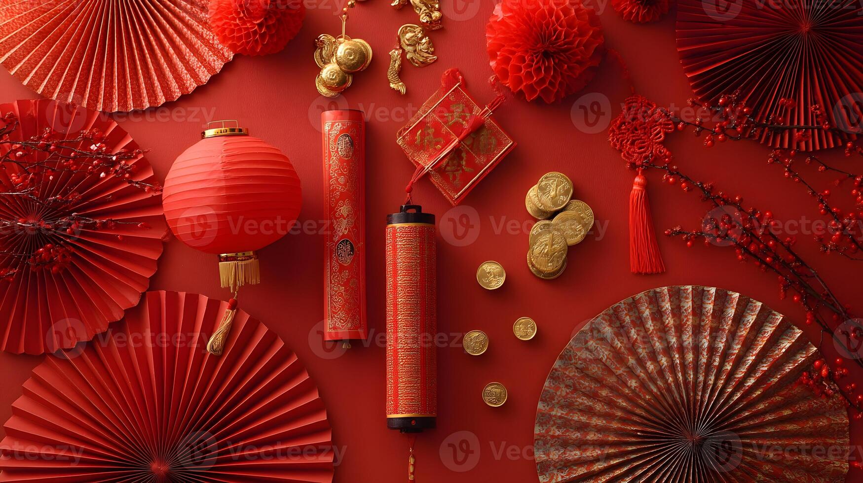 Red Chinese New Year Decorations with Lanterns Ornaments and Coins photo