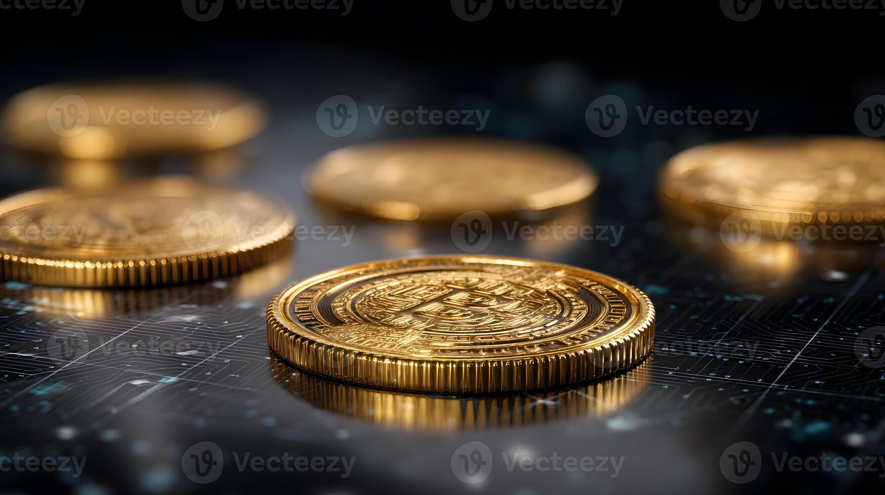 Golden Cryptocurrency Coins on Digital Financial Chart Showing Blockchain Technology photo