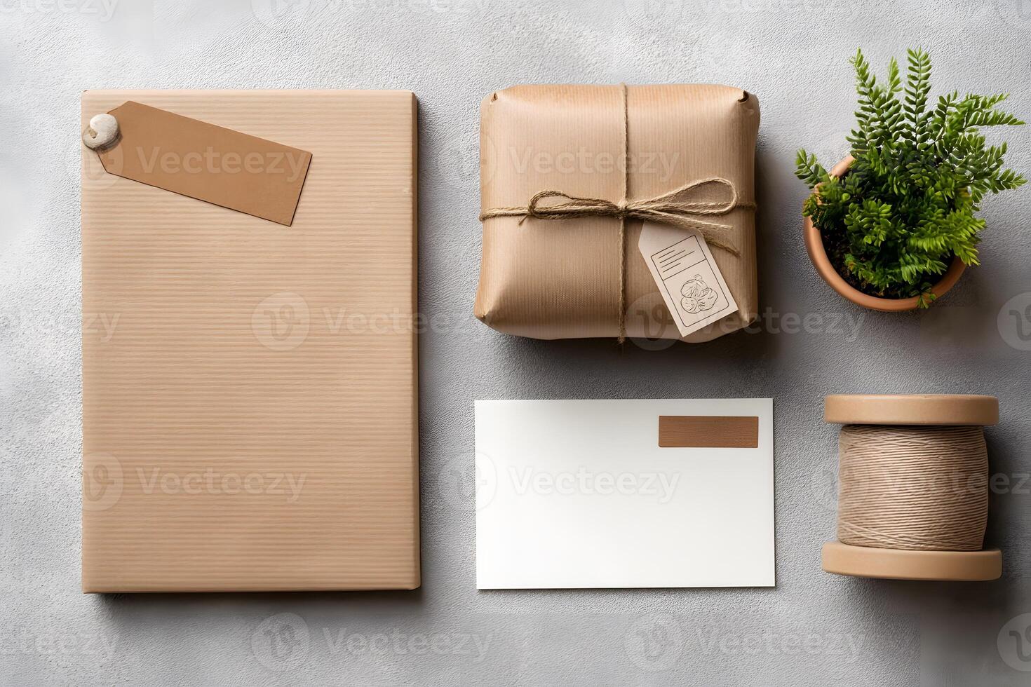 Elegant Brown Gift Boxes and Green Plant on Gray Surface for Holiday or Corporate Packaging photo