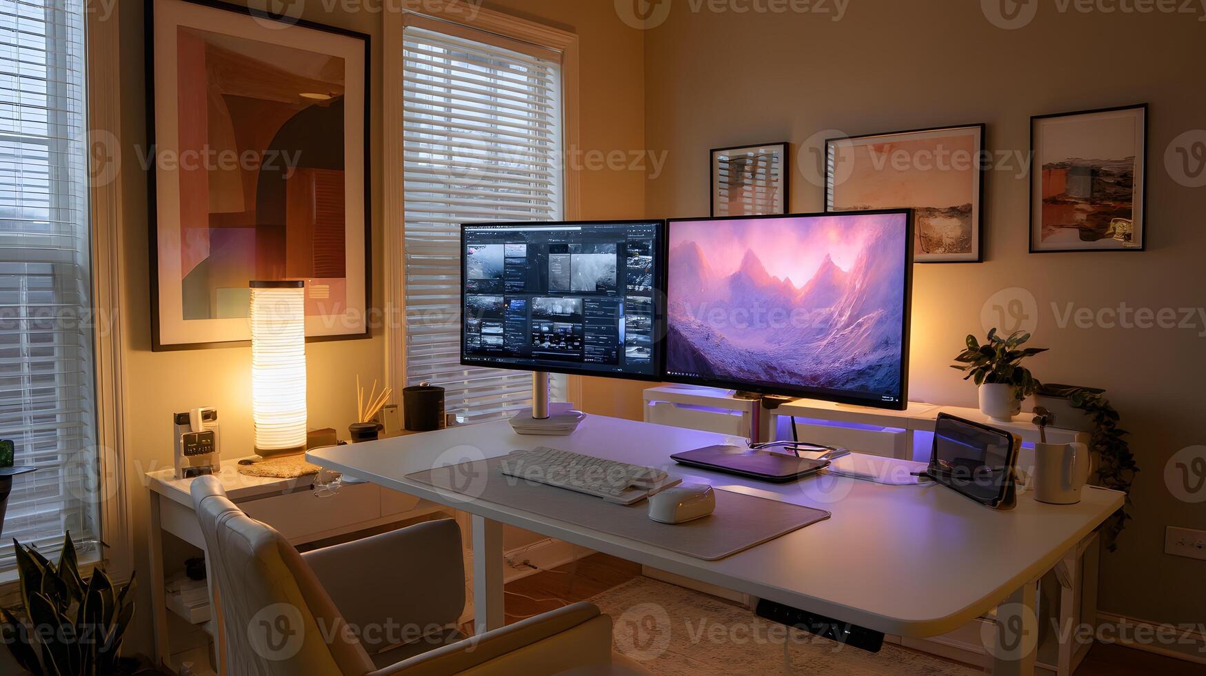Modern Home Office Desk with Dual Monitors and Ambient Lighting photo