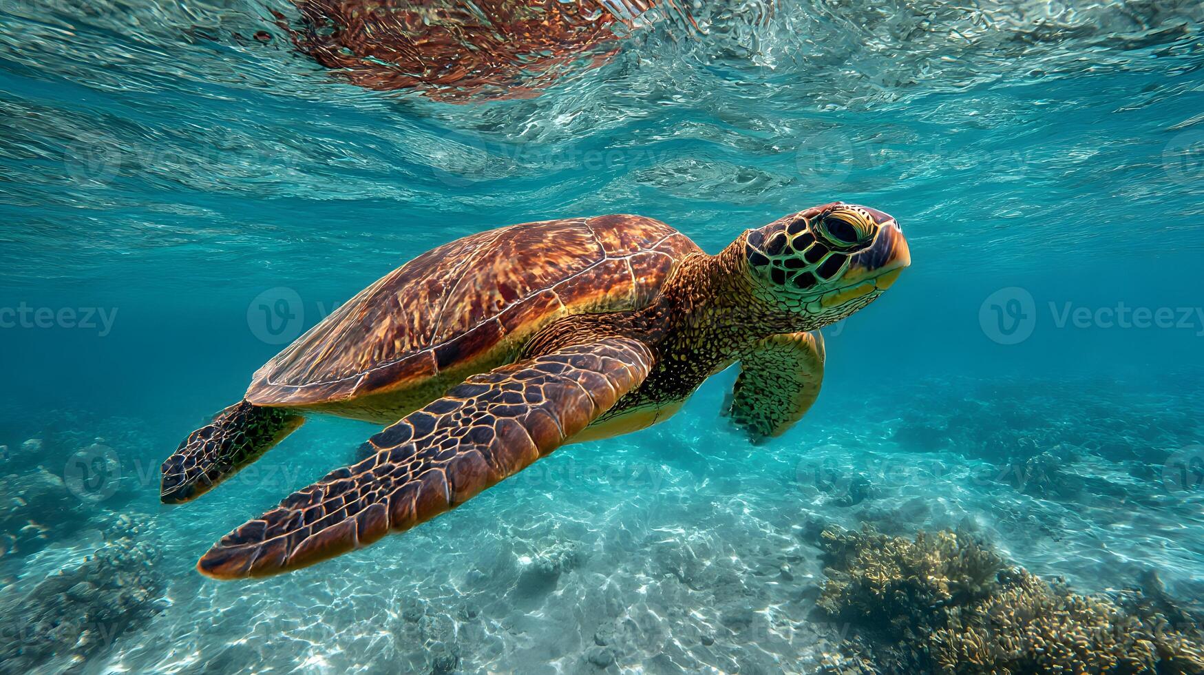 A green sea turtle swimming in the ocean photo