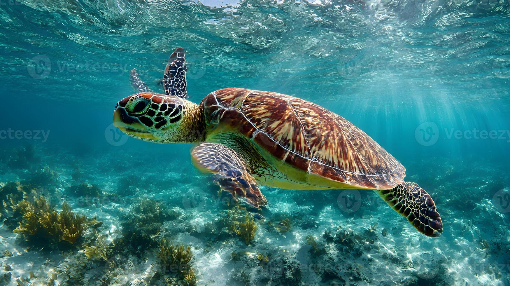 A green turtle swimming in the ocean photo