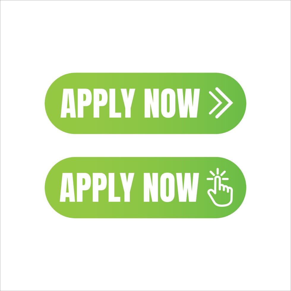 Two green gradient buttons with white text reading apply now one with a double arrow and the other with a click cursor vector
