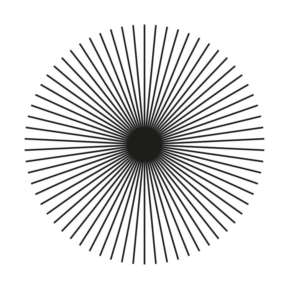 Circular lines simple element. Radial circle lines pattern. Symbol of Sun star rays flat icon. Design trendy sample. Spokes with radiating stripes. Abstract illusion geometric black shape. vector