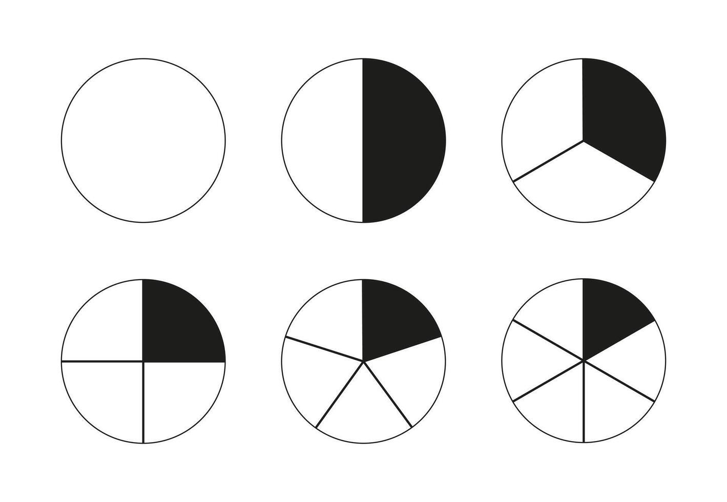 Round divided diagrams with from one to six segments. Circle division on from 1 to 6 equal parts. Coaching blanks. Infographic set. Pizza, pie charts. Segmented black pinwheel. vector