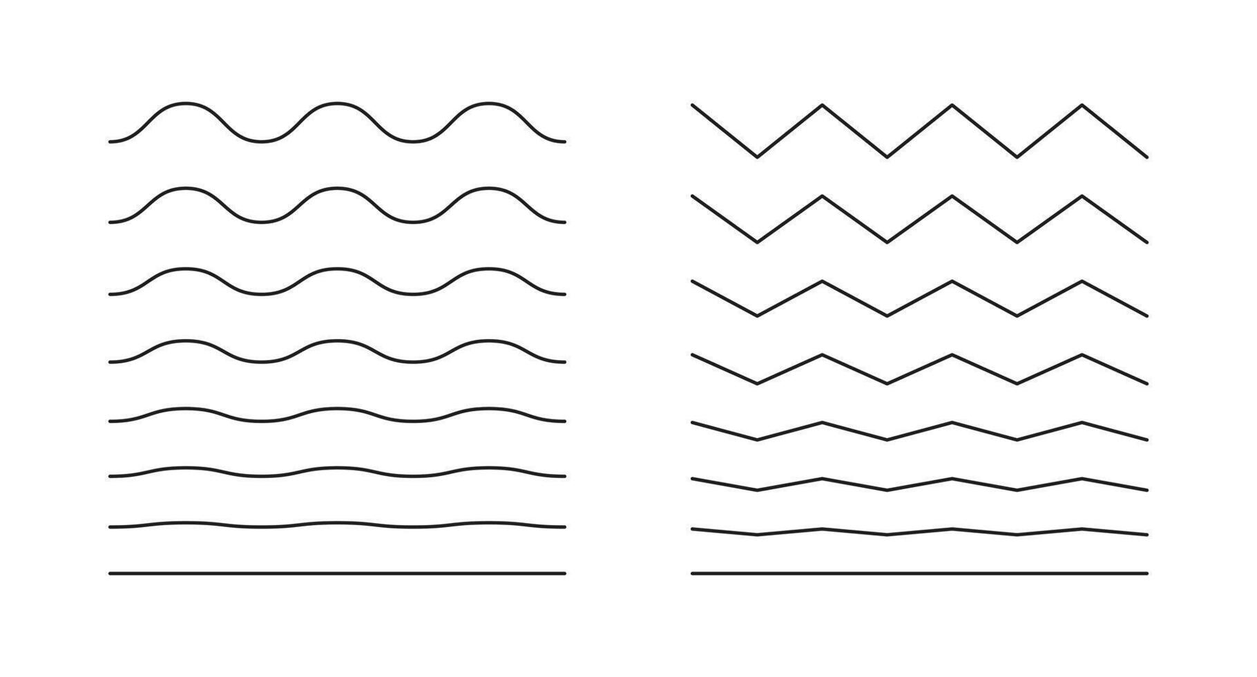 Wavy, curvy, zigzag minimalist lines. Undulate borders, transverse horizontal line. Sine, fluid, air, wind signs. Water, river, lake, sea, ocean simple symbol. Outline thin graphic illustration. vector