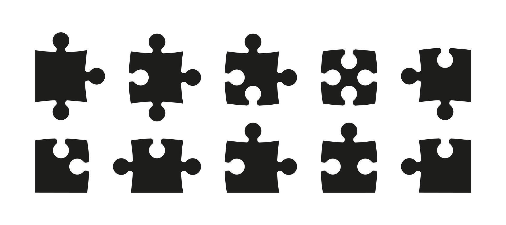 Jigsaw puzzle pieces silhouette templates. Black minimalist pieces puzzle icon set. Jigsaw puzzle patterns for concept illustrations. Puzzle on white background. vector